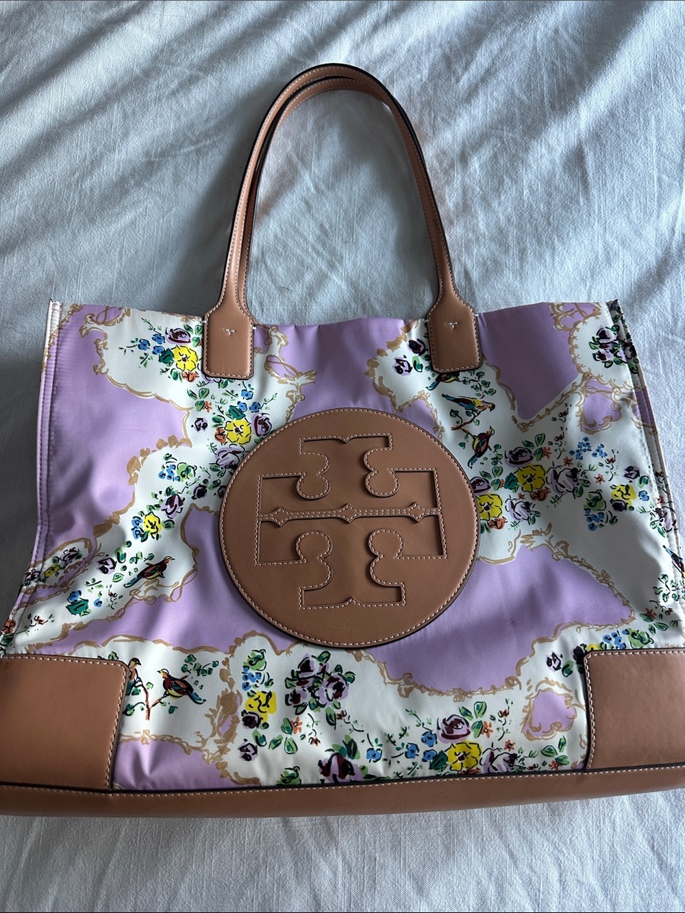 Lavender Floral Tote Bag with Tan Leather Trim